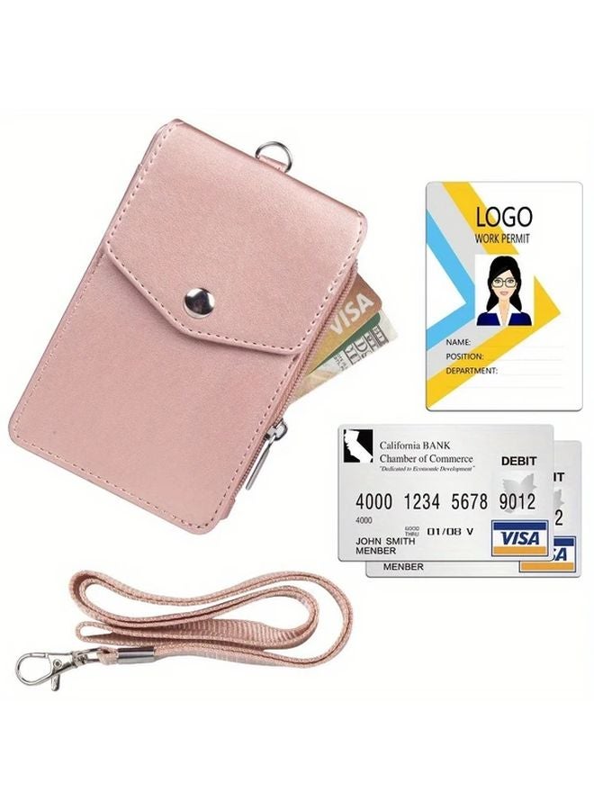 Black Faux Leather ID Badge Holder with Retractable Lanyard 4 Card Slots Zipper Pocket - Image 4